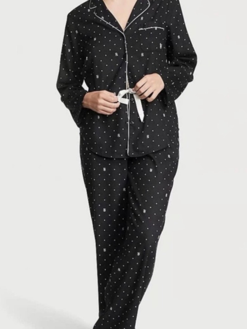Victoria's Secret Black Polka Dot Satin Pajama Set with White Trim
